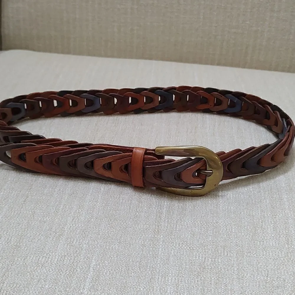 Genuine Leather Multi Color Woven Link Belt Brass Buckle
